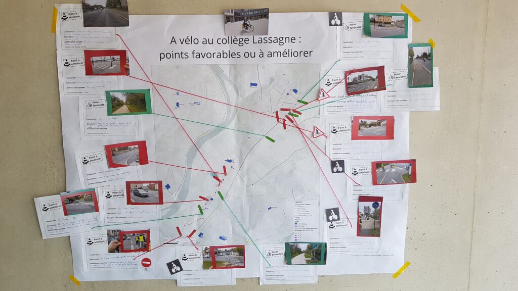 Un plan des itinéraires vers le collège avec les points favorables et défavorables identifiés